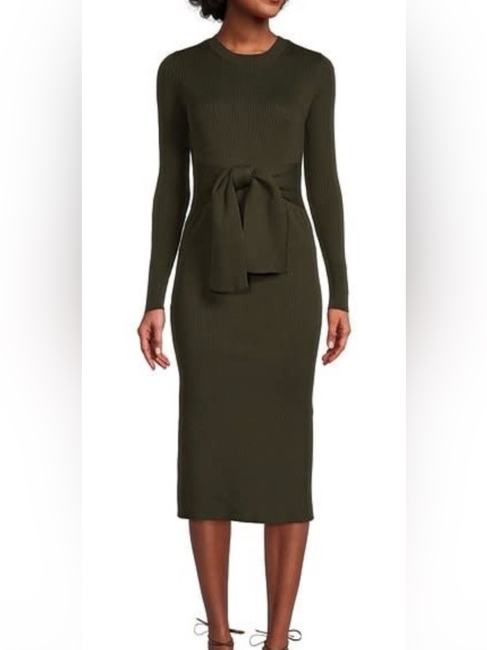 NWOT Gibson Latimer Dark Olive Rib Knit Tie Waist Sweater Dress Side Slits Sz M